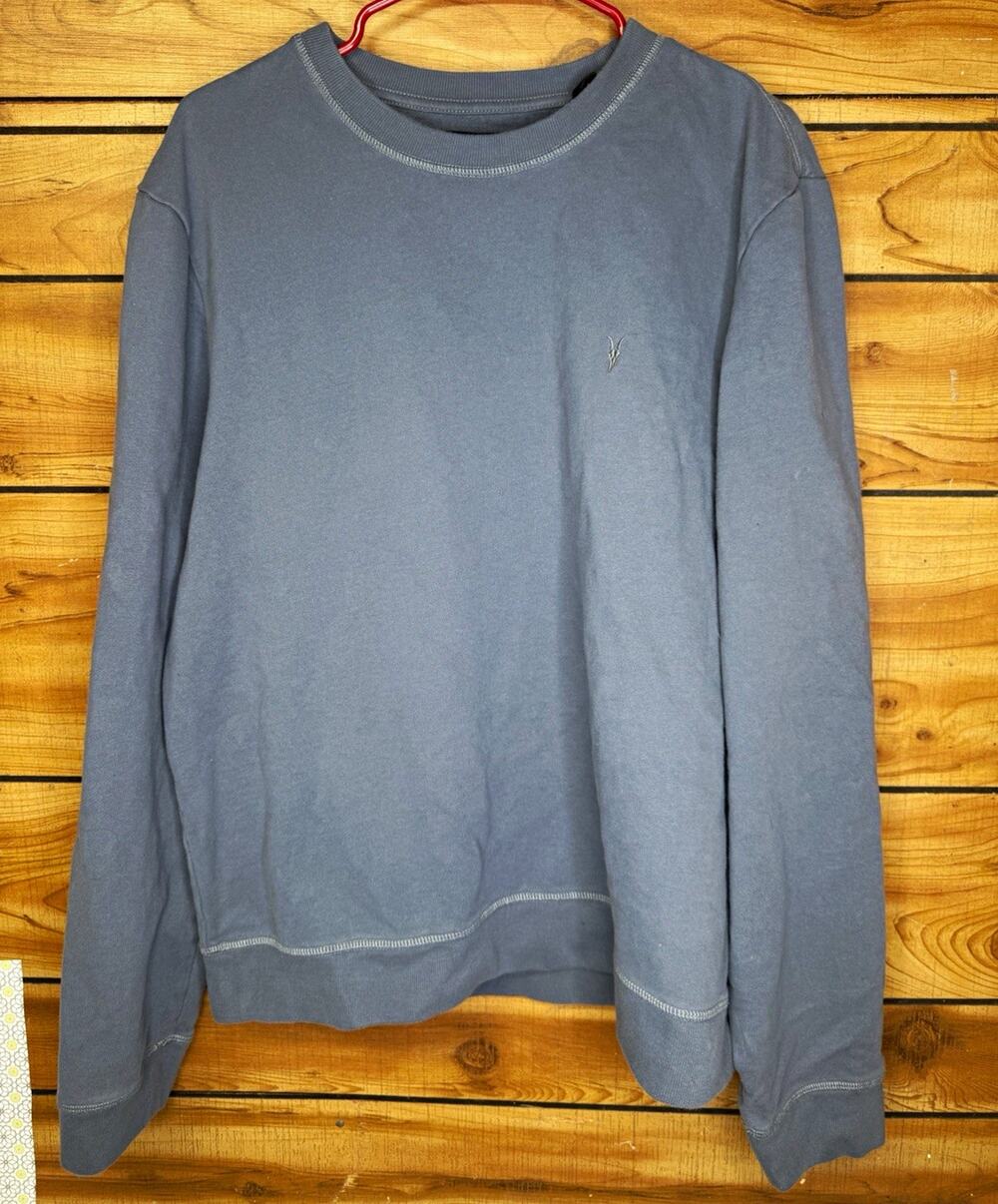 AllSaints Men’s Blue Organic Cotton Fleece Logo Crewneck Pullover Sweatshirt XL